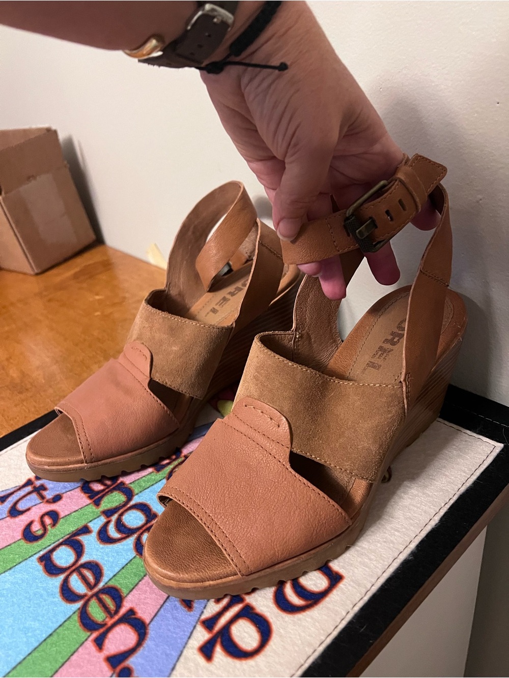 Sorel Cognac Leather & Suede Wedge Sandals